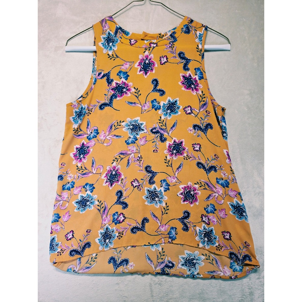 Pink Rose Mustard Yellow Floral Sleeveless Split Back Blouse Top Medium